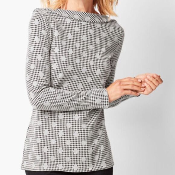 Talbots Medium Jacquard Dot Houndstooth Knit Bateau Neck Sweater Top Black/White - Picture 2 of 12